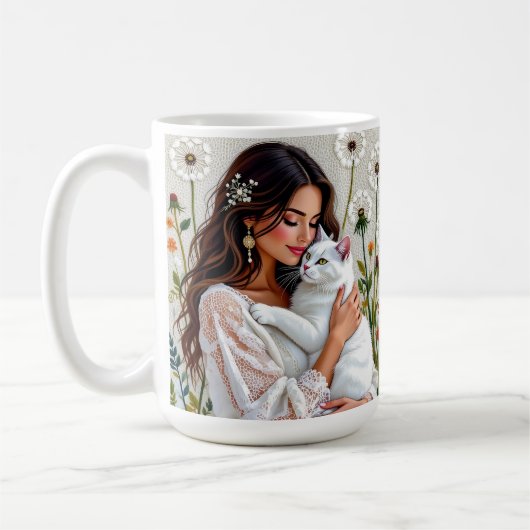 Woman and White Cat and Dandelions Kaffeetasse (Links)