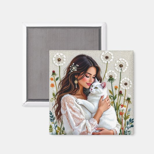 Woman and White Cat and Dandelions Magnet (Vorderseite/Rückseite)
