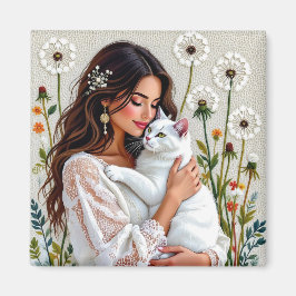 Woman and White Cat and Dandelions  Magnet