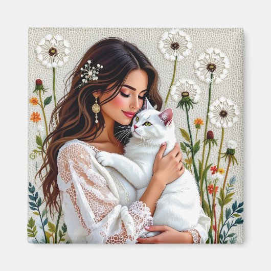 Woman and White Cat and Dandelions Magnet (Vorne)