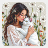 Woman and White Cat and Dandelions Quadratischer Aufkleber (Vorderseite)