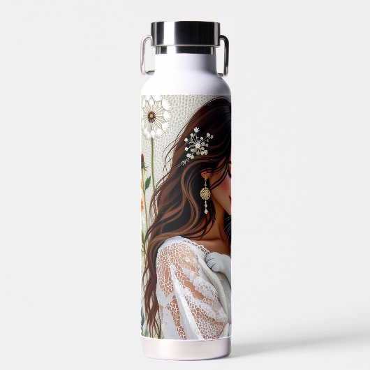 Woman and White Cat and Dandelions Trinkflasche (Vorne)