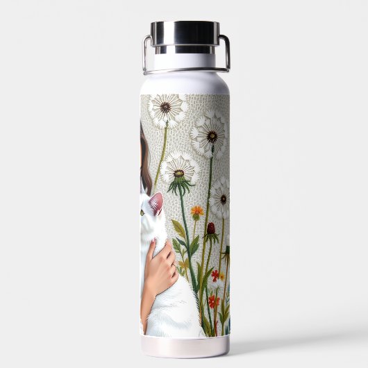 Woman and White Cat and Dandelions Trinkflasche (Rückseite)