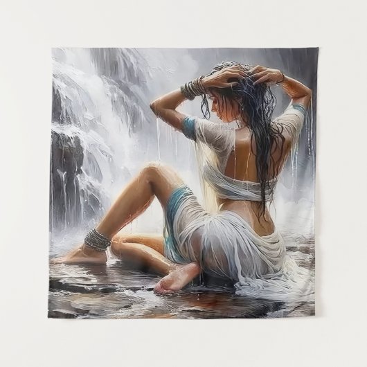 Woman by the Waterfall Wandteppich (Vorderseite)