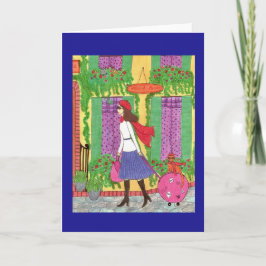 Woman, Cat, Suitcase, Travel, Paris Greeting Card Karte