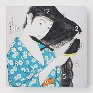 Woman Combing Her Hair, Goyō Hashiguchi Quadratische Wanduhr