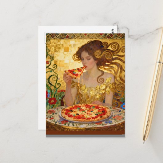 Woman Eating Pizza Faux Klimt Art Postkarte (Vorderseite/Rückseite Beispiel)