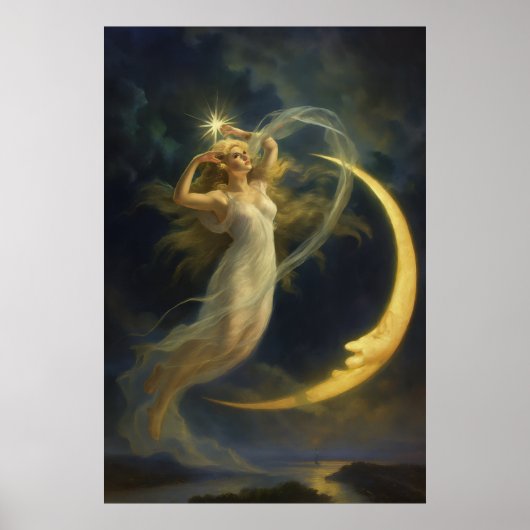 Woman Flying By A Crescent Moon Face Poster (Vorne)