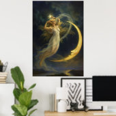 Woman Flying By A Crescent Moon Face Poster (Heimbüro)