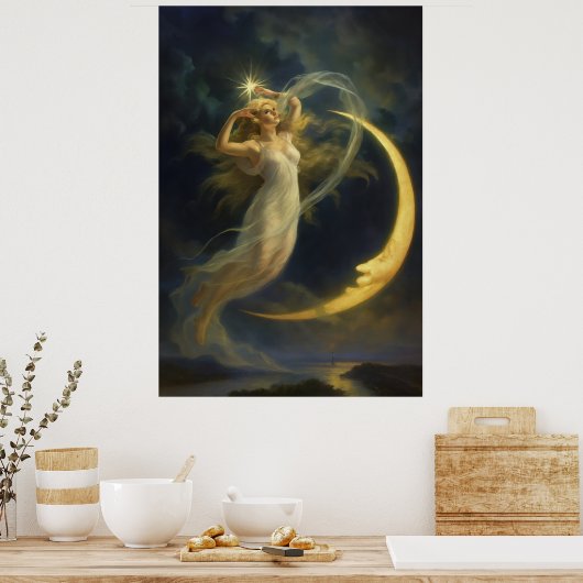 Woman Flying By A Crescent Moon Face Poster (Küche)