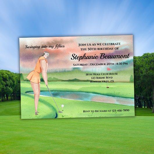Woman Golf Player Swinging Fifties 50th Birthday Einladung