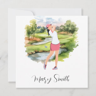 Woman Golfer ist Golf auf dem Golfplatz Aquarell Feiertagskarte