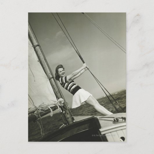 Woman Holding Rigging on Yacht Postkarte (Vorderseite)