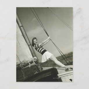 Woman Holding Rigging on Yacht Postkarte