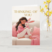 Woman Hugging Bunny on Couch Thinking of You Karte (Gelbe Blume)