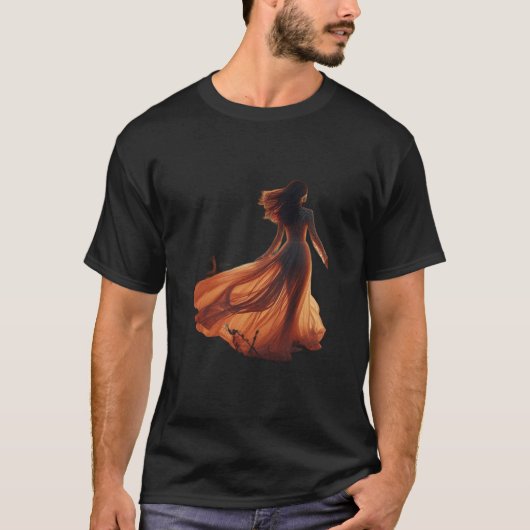 Woman in a Flowing Gown on Short Sleeve Black Tee (Vorderseite)