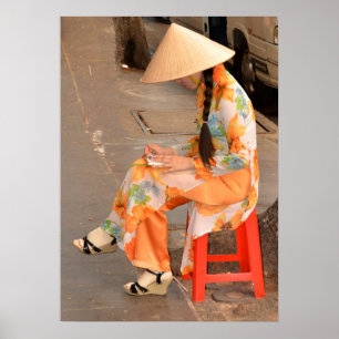 Woman in Orange and Conical Hat Poster
