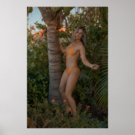 Woman In Orange Bikini By Tropical Palm Tree Poster (Vorne)