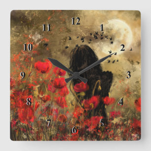 Woman In Poppy Field Art Painting Wall Clock Quadratische Wanduhr
