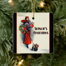 Woman in red coat shopping with Scottish Terrier Keramikornament