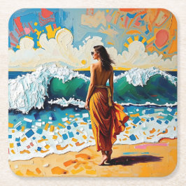 Woman on Beach Abstract Seaside Art Rechteckiger Pappuntersetzer