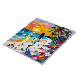 Woman on Beach Tropical Scene Fliese
