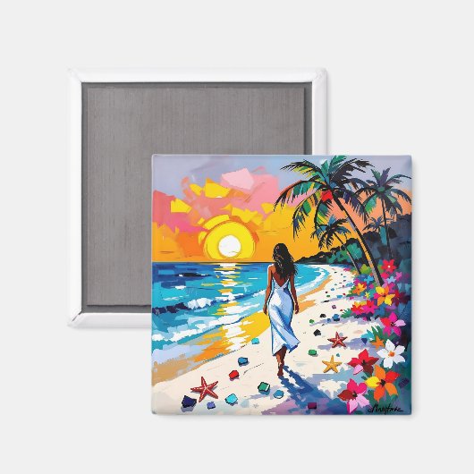 Woman on Beach Tropical Scene Magnet (Vorderseite/Rückseite)