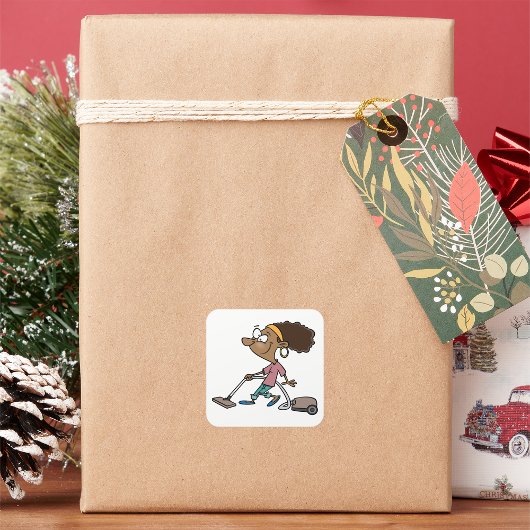 Woman Vaccuming Quadratischer Aufkleber