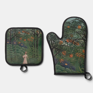 Woman Walking in an Exotic Forest, Henri Rousseau Ofenhandschuh & Topflappen-Set