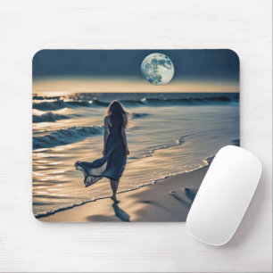 Woman Walking Night Beach Mousepad