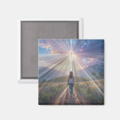 Woman Walking Toward Glowing Cross – Faith Journey Magnet (Vorderseite/Rückseite)