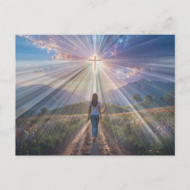 Woman Walking Toward Glowing Cross – Faith Journey Postkarte