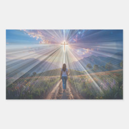 Woman Walking Toward Glowing Cross – Faith Journey Rechteckiger Aufkleber