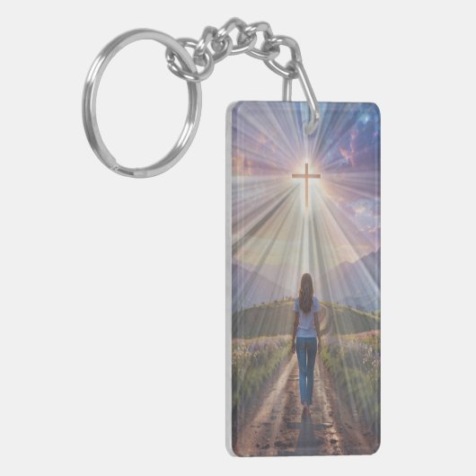 Woman Walking Toward Glowing Cross – Faith Journey Schlüsselanhänger (Vorderseite links)