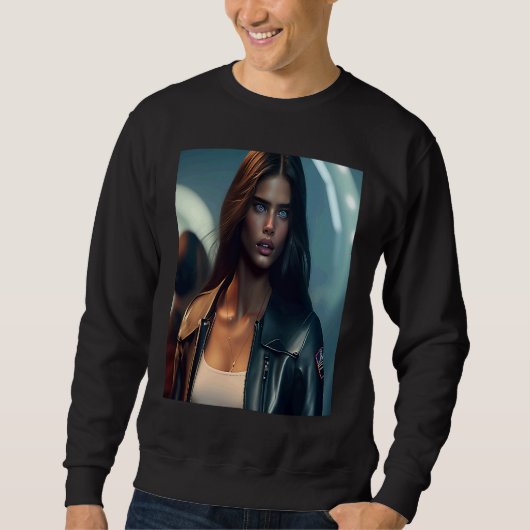 Woman Wearing Black Leather Biker Jacket Look Outf Sweatshirt (Vorderseite)