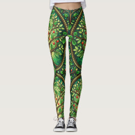 Woman wearing vibrant leggings with an intricate 