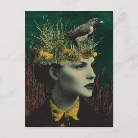 Woman With Bird on Her Head Mixed Media Collage Postkarte (Vorderseite)
