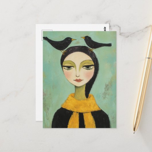 Woman with Two Black Birds Postkarte (Vorderseite/Rückseite Beispiel)