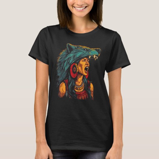 Woman Wolf Head Mask Native American Spirituality T-Shirt (Vorderseite)