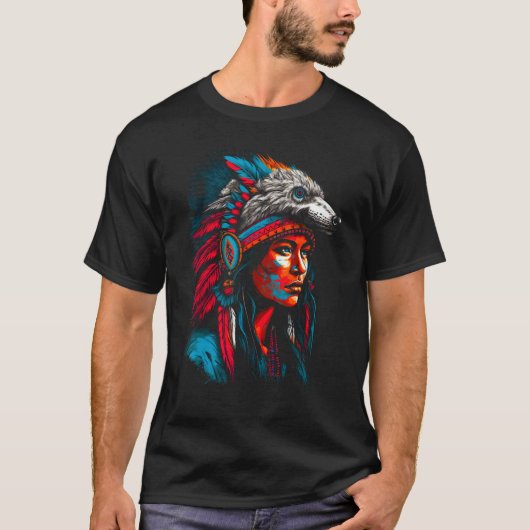 Woman Wolf Head Native American Interconnected T-Shirt (Vorderseite)