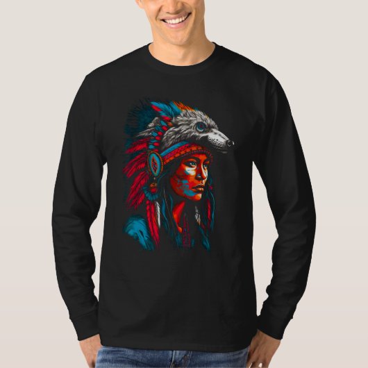 Woman Wolf Head Native American Interconnected T-Shirt (Vorderseite)