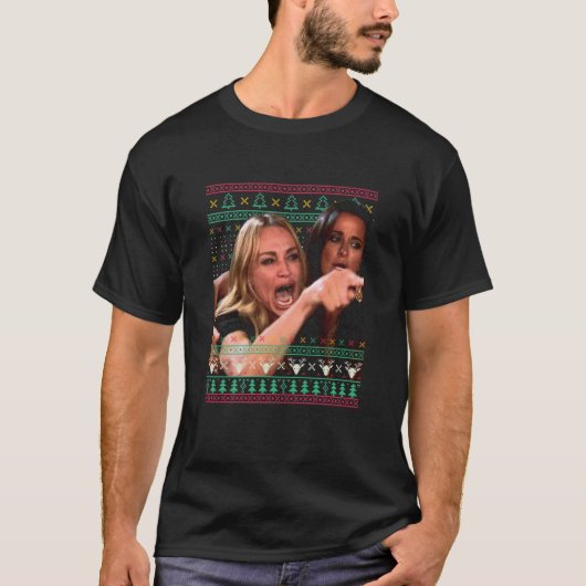 Woman Yelling At A Cat Ugly Christmas Sweater Meme T-Shirt (Vorderseite)