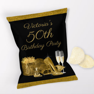 Womans Black Gold Geburtstagsparty Chip Bag Flyer