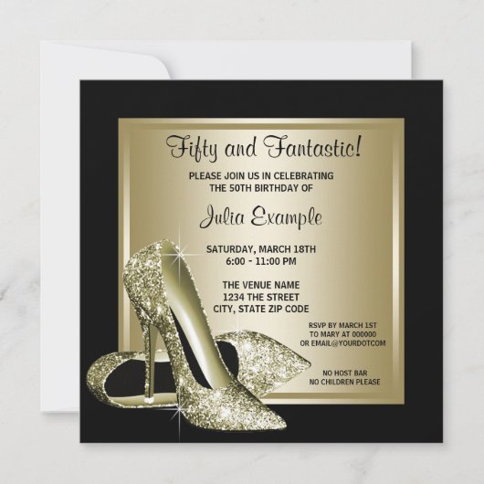 Womans Black Gold High Heel Geburtstag Einladung (Vorderseite)