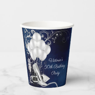 Womans Royal Blue Silver Birthday Party Paper Cups Pappbecher