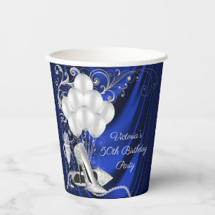 Womans Royal Blue Silver Birthday Party Paper Cups Pappbecher