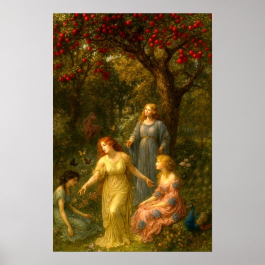 Women, Butterflies & Peacock In Garden Poster (Vorne)