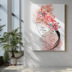 Women Face line art with pink frangipani Blume Leinwanddruck