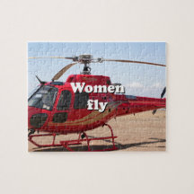 Women fly: red helicopter