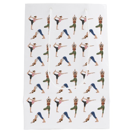 Women In Various Yoga Poses Fun Workout Pattern Mittlere Geschenktüte (Rückseite)